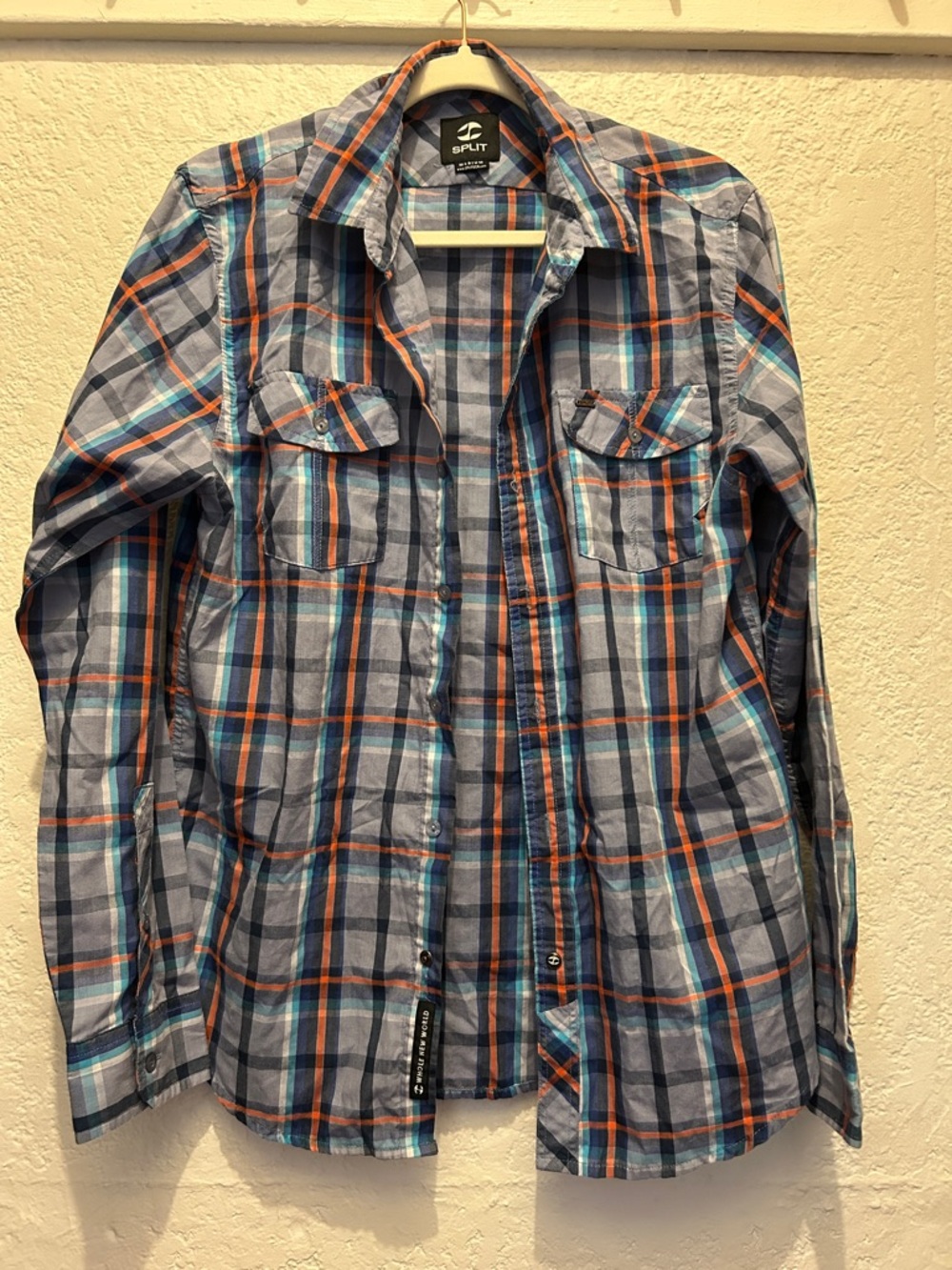 split Men's Plaid Button-Down Shirt in Blue, Orange, White